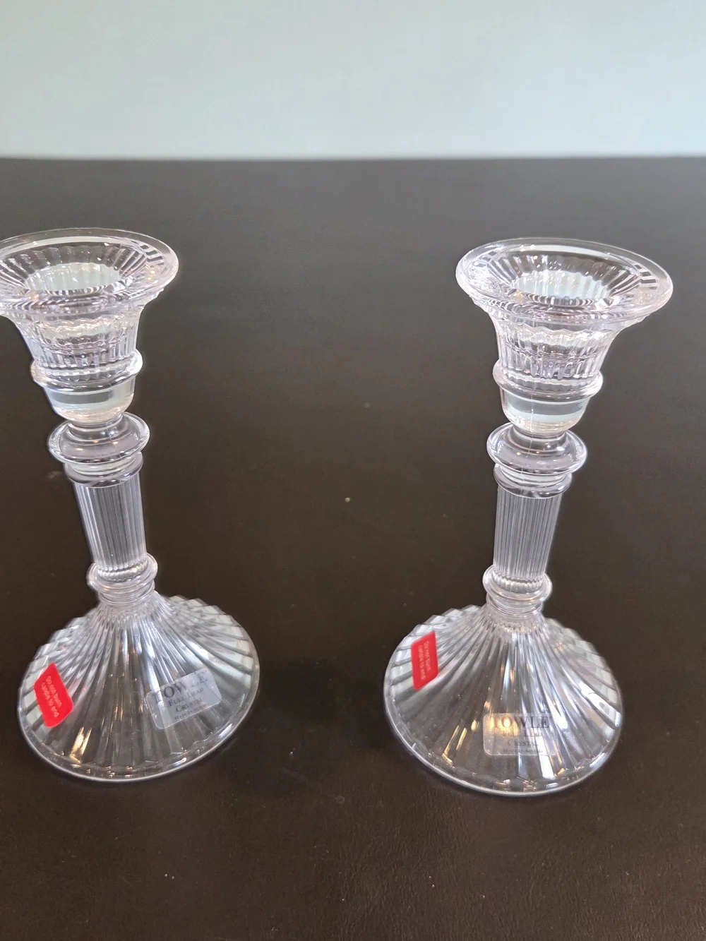 Towle Full Lead Crystal Candlestick Holders Pair Made in Austria Ribbed Taper